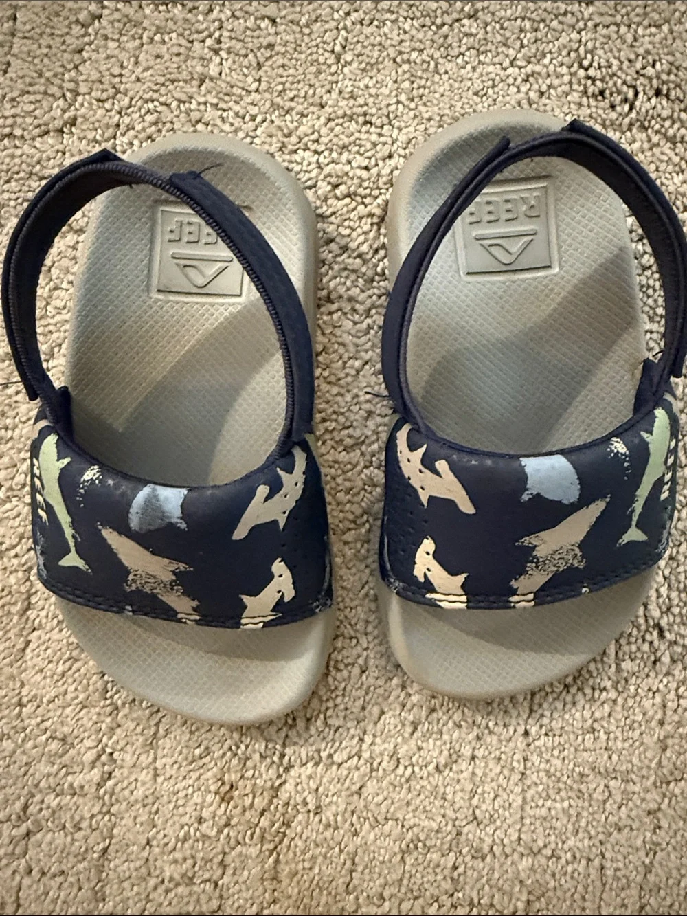 Reef Kids Navy Shark Print Strap Sandals with Light Gray Footbed